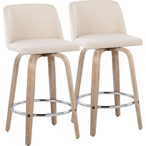 Toriano 26" Swivel Counter Stool in White Washed Wood & Cream Noise Fabric & Chrome (Set of 2)